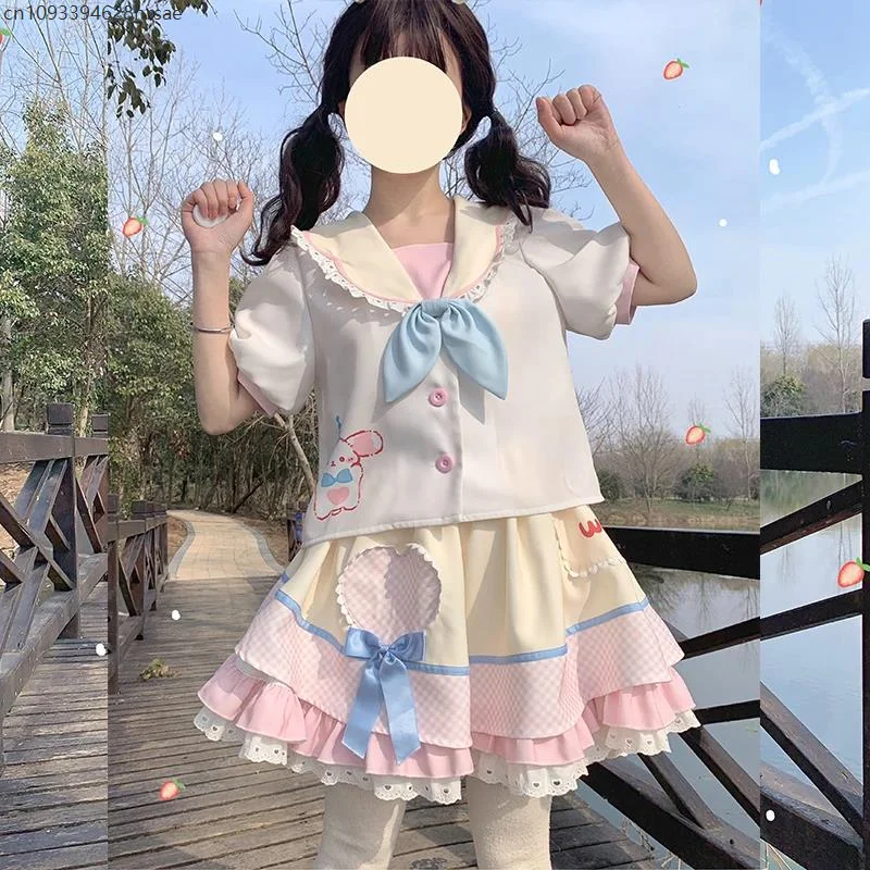 

Cute Sailor Collar Bow Shirt Color Matching Ball Gown Skirt Two Piece Sets Womens Outifits Summer New Kawaii Sweet JK Skirt Sets