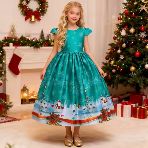 Green Christmas Girls Dress Cartoon Snowman Snowflake Printed Birthday Princess Dress Girl Bow Performance Evening Prom Costumes