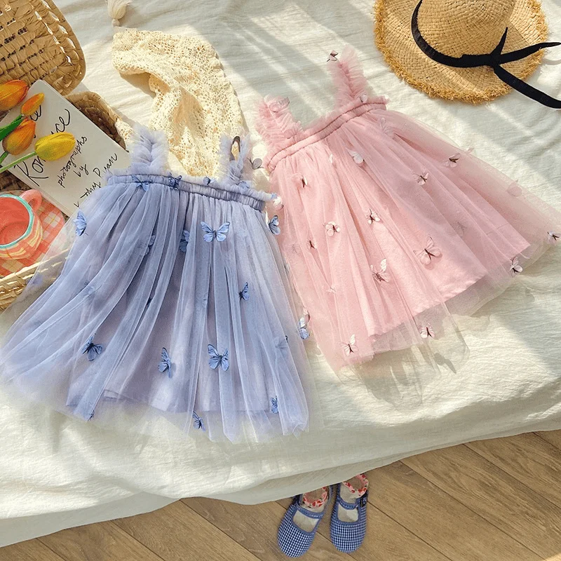 Baby Girl Princess Strap Butterfly Tutu Dress Infant Toddler Girl Summer Sleeveless Vestido Party Birthday Baby Clothes 1-7Y