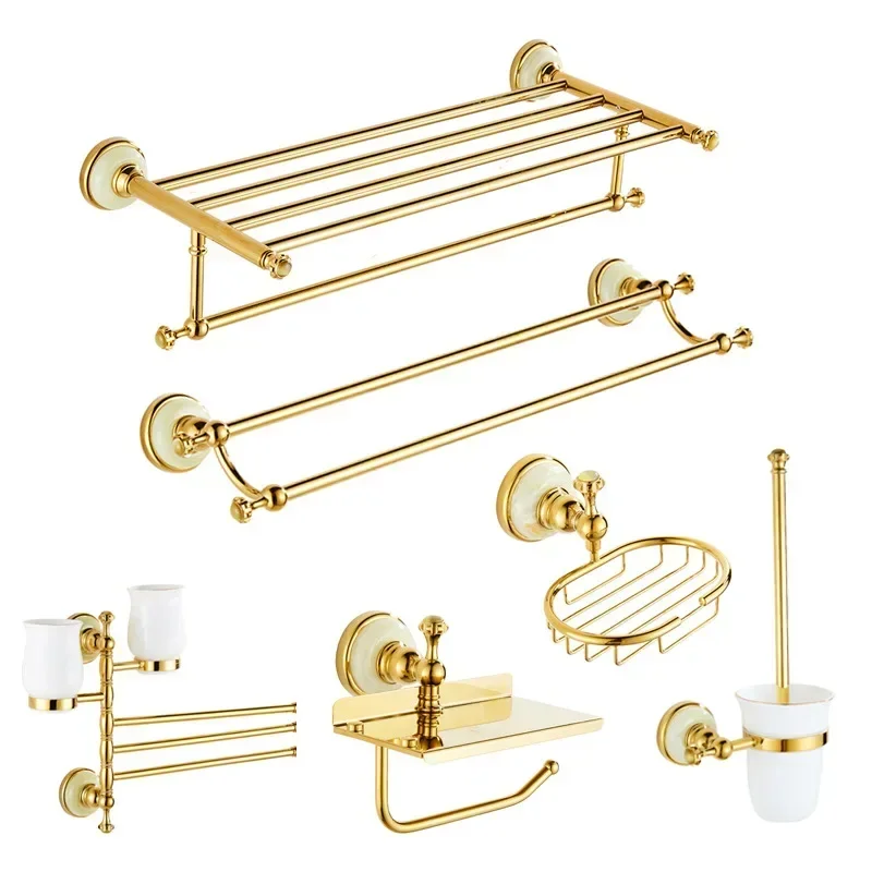 

European all-copper bath towel rack, bathroom pendant set, bathroom rack, bathroom hardware, jade, gold towel rack.