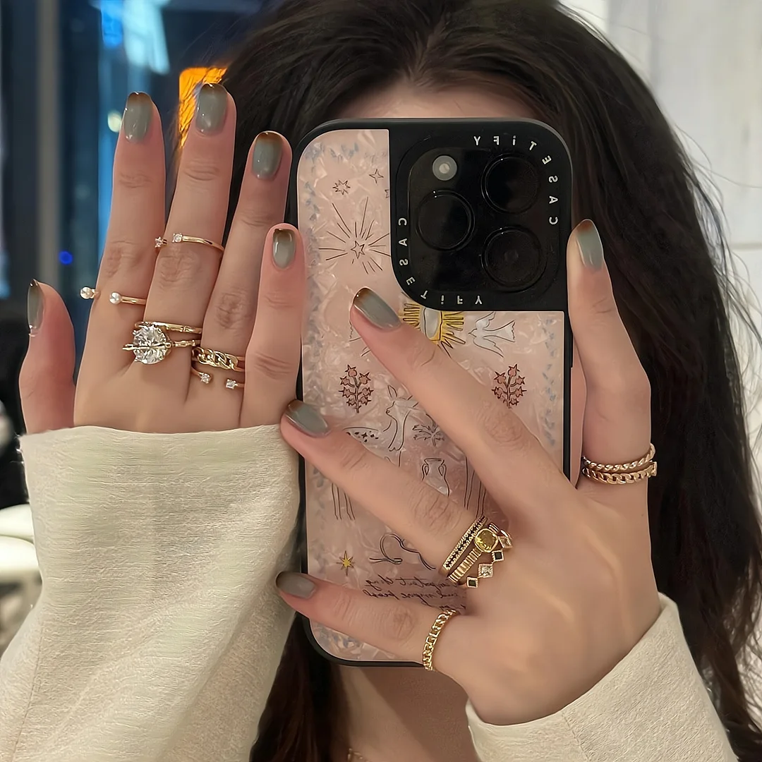 10개 브라운-블루 핸드메이드 네일 옴브레 캣아이 프레스온 네일 짧은 스퀘어 가짜 네일 여성&소녀용 탈부착 가능 네일