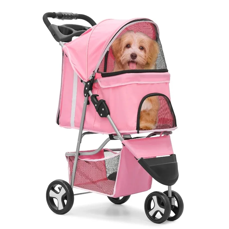 MoNiBloom-Poussette pliable à 3 roues pour animaux de compagnie avec rangement, porte-gobelet, housse étanche pour petits chiens et chats