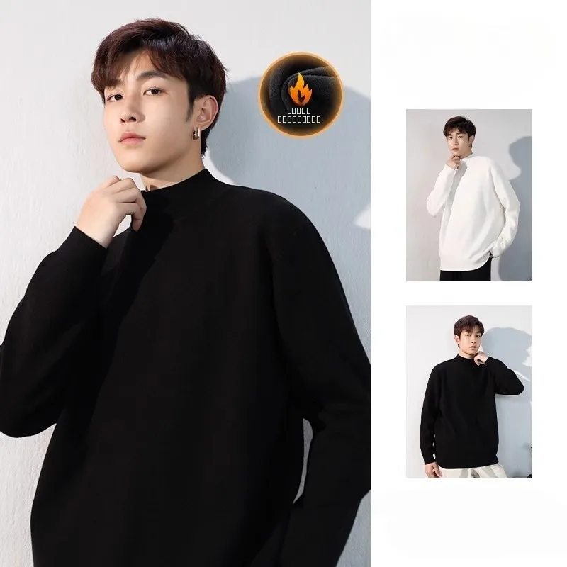 

Men's Mid-Ne Knitted Sweater Winter New Sle Fce Lined Thi Warm Inner Wear f High Collar Long Sve Top