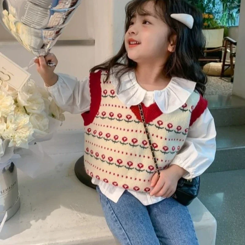 Girls' Knit Vest New 2025 Spring Autumn Stylish Kids' Crochet Waistcoat Thin Line Toddler Kids' Cardigan