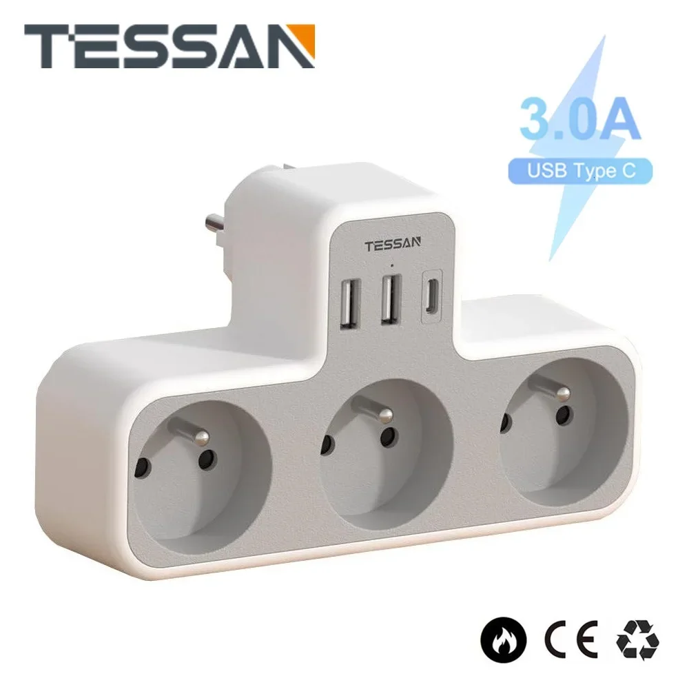 TESSAN FR Plug Wall Socket Extender with 3 AC Outlets +2 USB Ports +1 Type C, 6 in 1 Multi Socket Power Strip Adapter for Home