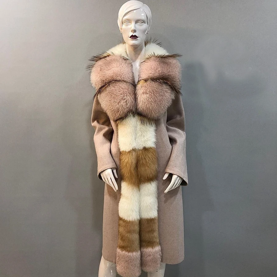 Cashmere Wool Coat With Natural Fox Fur Winter Genuine Fur Jacket For Women Luxury Long Wool Blend Coat