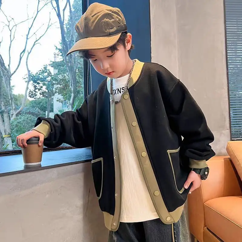2025 New Boys Baseball Jacket Medium Large Kids Spring Autumn Stylish Casual Jacket with Hood Zipper Cotton Blend