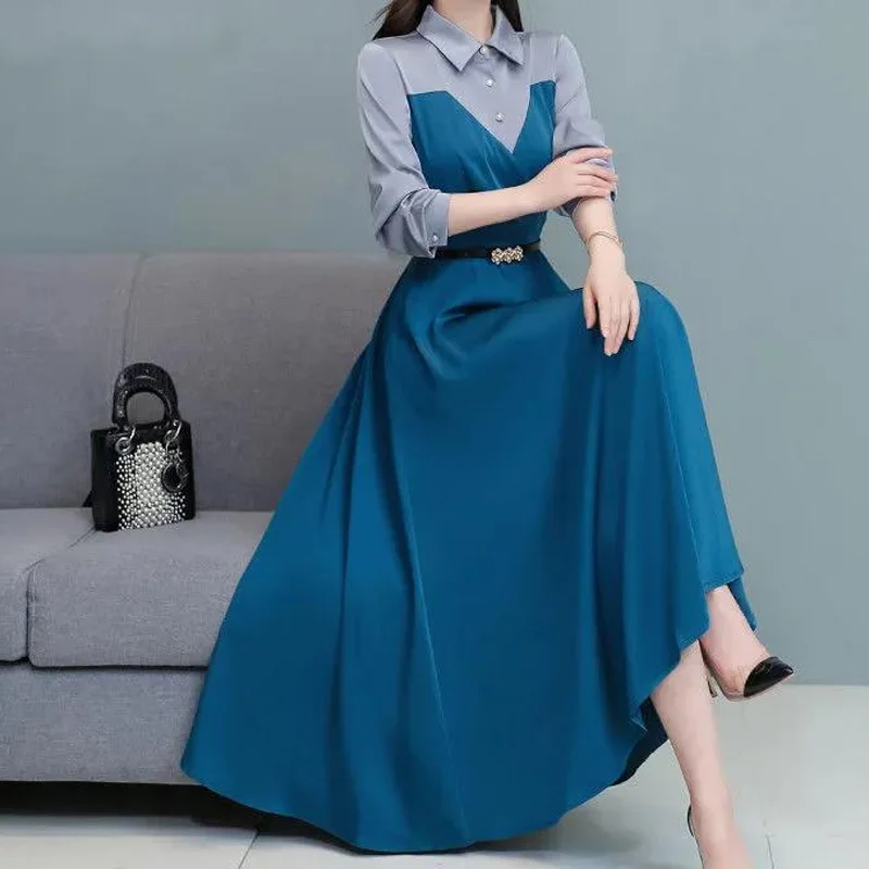 

Simplicity Elegant Vintage New Women's Clothing Long Sleeve Trend Slim Buttons Turn-down Collar Patchwork Temperament Dresses