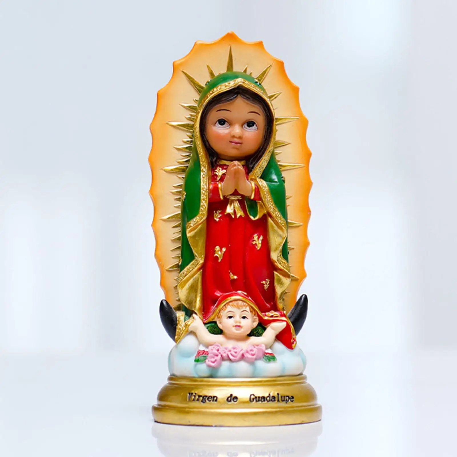 Our Lady of Guadalupe Statue Resin Cartoon Virgin Mary Madonna Sculpture for Holiday Living Room Centerpiece Fireplace Bedroom