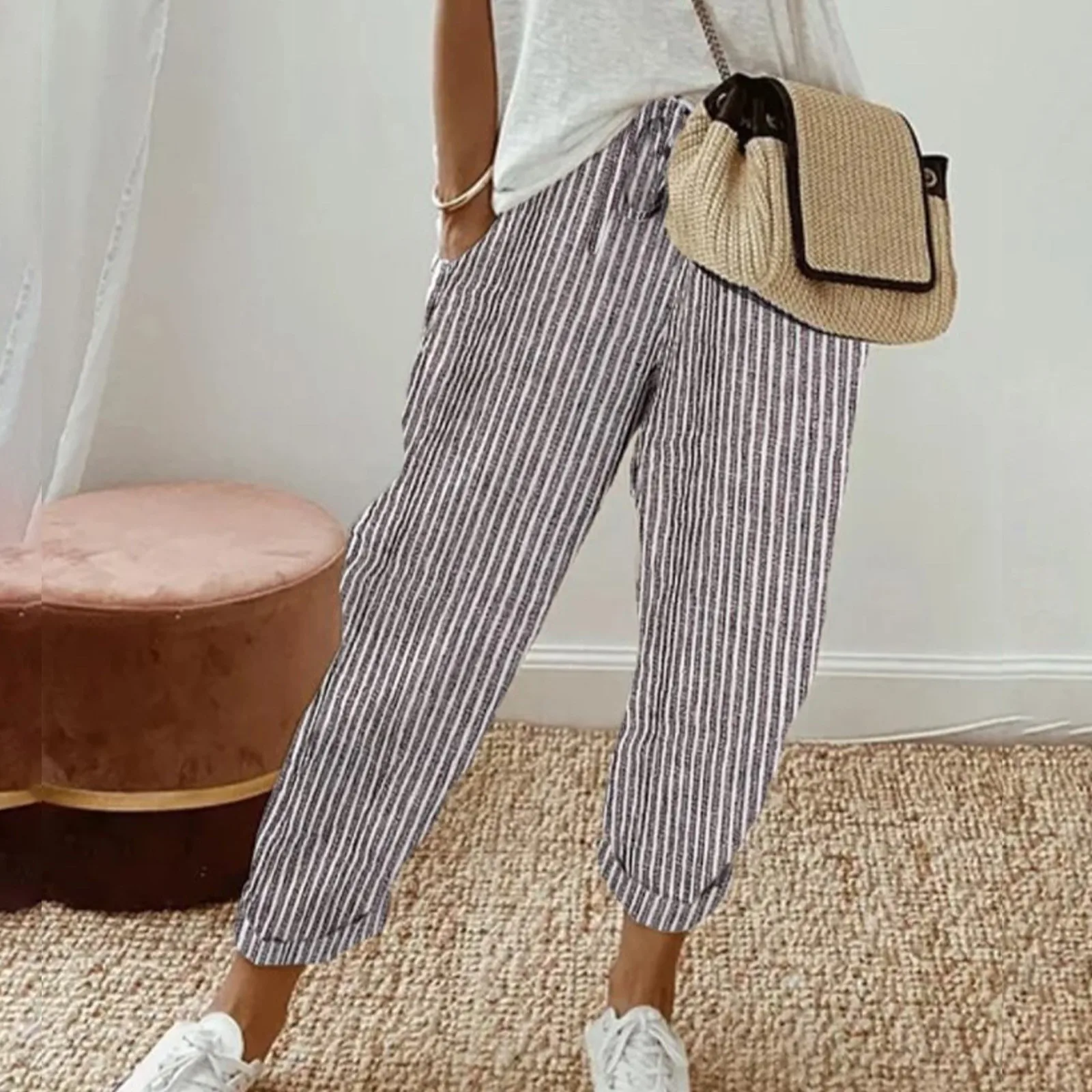 Women'S Loose Cotton And Linen Casual Pants Drawstring Elastic Waist Striped Contrast Color Trousers Summer Comfy Streetwear