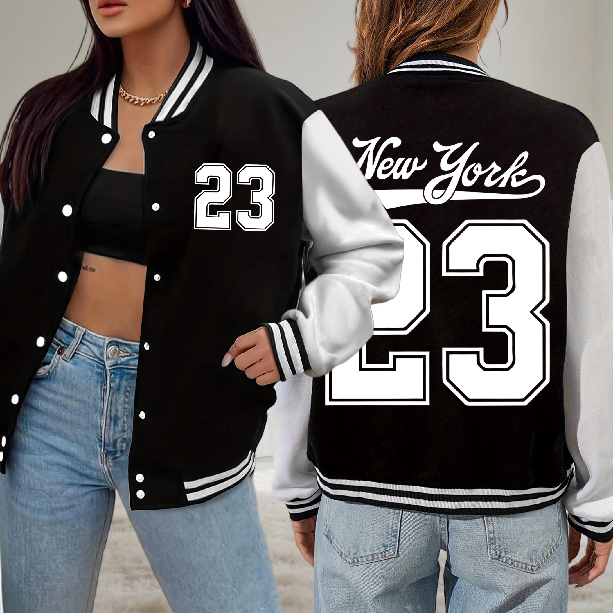 New York Number 23 Art Letter Women Plus Size Baseball Uniform Hip Hop Jacket  Casual All-Match Streetwear Autumn Loose Clothes