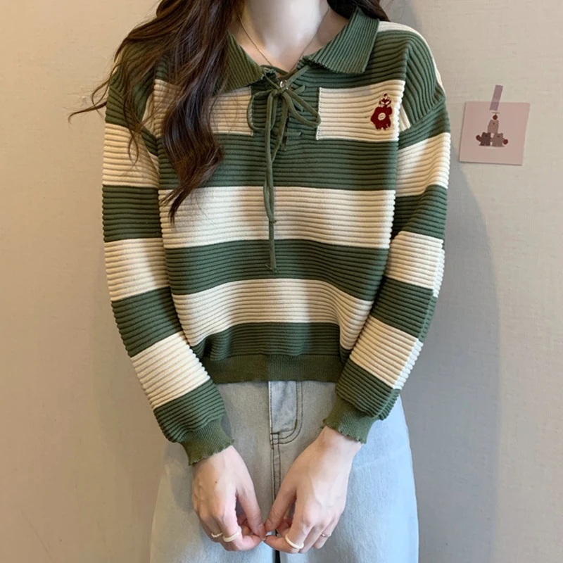 

Women's Fashion Embroidered Striped Lapel Long Sleeve Loose Knitted Sweater