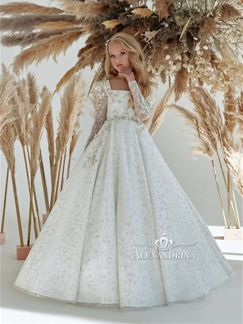 Elegante vestido de flores con cuello cuadrado de marfil para niña, apliques de línea A, cuentas, bohemio, fiesta de cumpleaños para niños