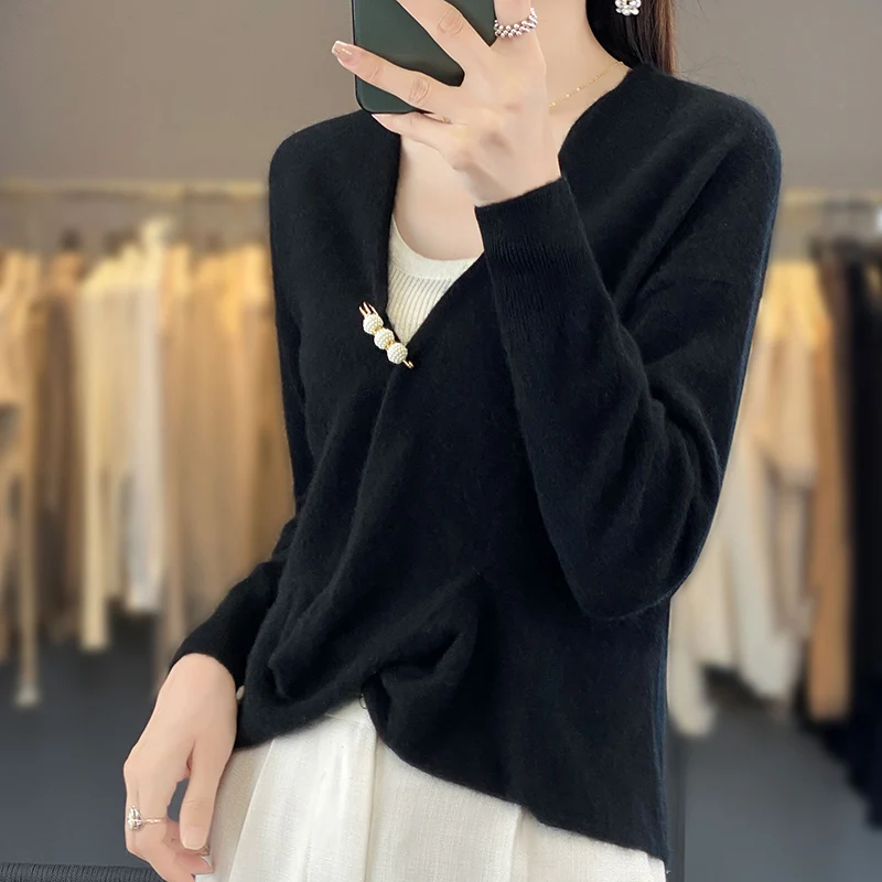 Fashion Trend 100% Beautiful Nu Wool Women\'s Knitted Long sleeved V-neck Pullover Sweater Short Spring and Autumn Seasons New