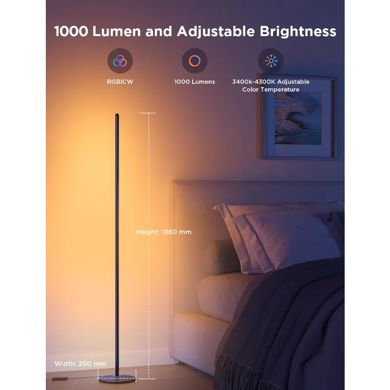 LED Corner Lamp Works with Alexa, 1000 Lumen Smart Modern Floor Lamp with Music Sync and 16 Million DIY Colors