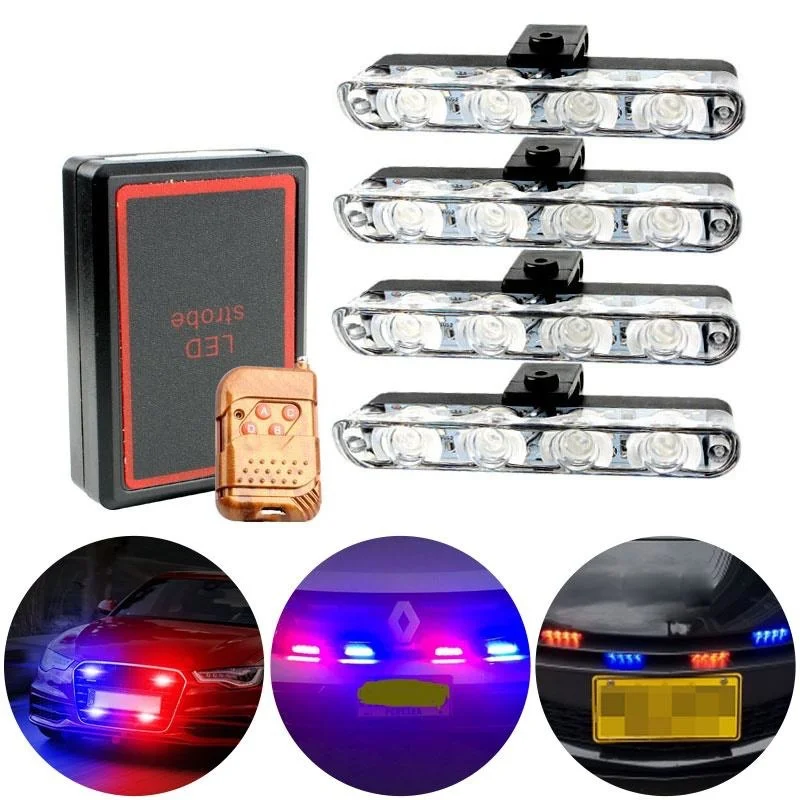 4x4 Auto Strobe Warning Lamps Wireless Remote Control 12V 16LED Central Grid Clip Light Emergency Signal Flash Red Blue Lights