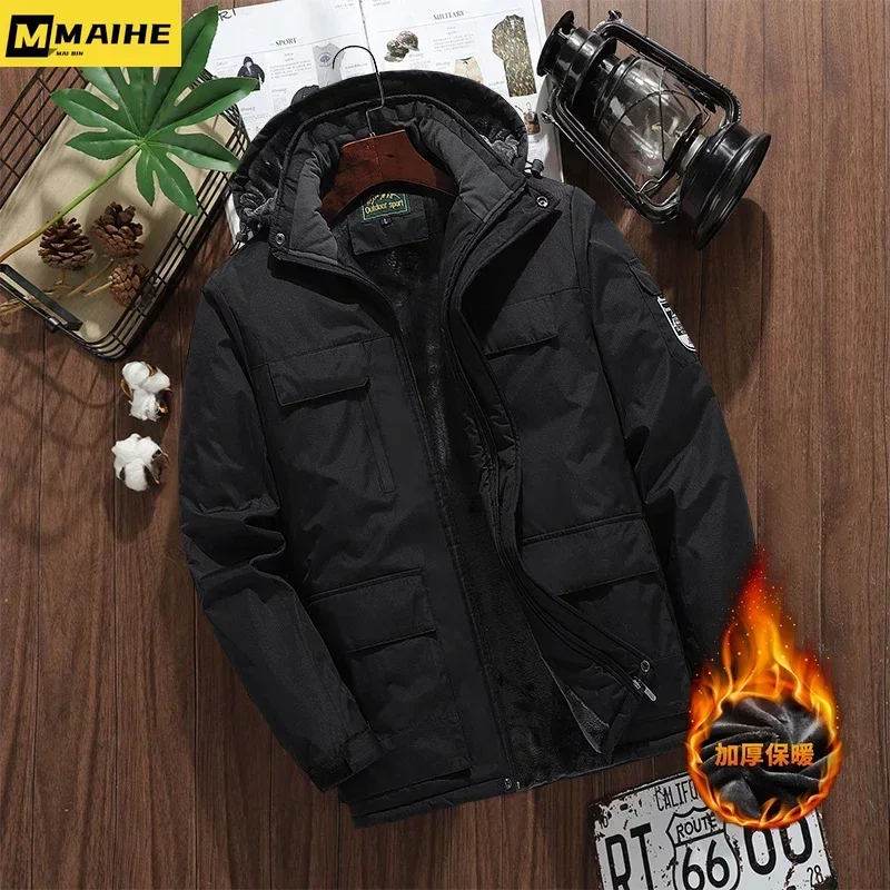 Parka imperméable à capuche multi-poches pour homme, doublure chaude et épaisse, coupe-vent extérieur, combinaison de veste d'hiver, sourire, grande taille, 9XL, 8XL, 7XL