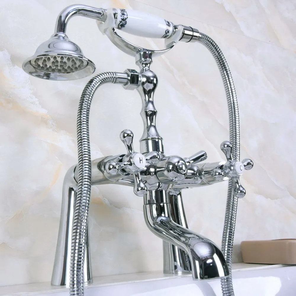 Polished Chrome Brass Clawfoot Bath Tub Faucet with Handshower - Deck Mount ana126