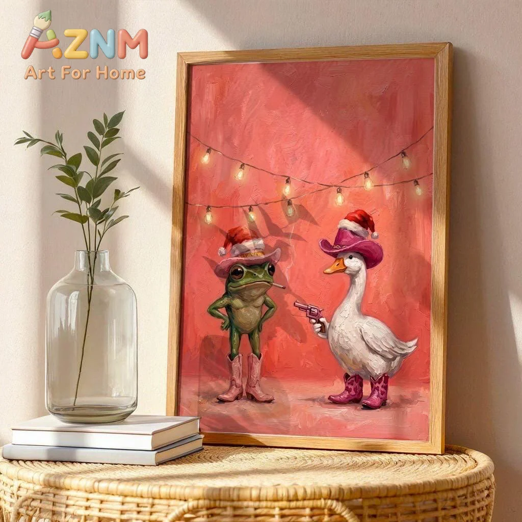 Funny Christmas Wall Art Poster Cowboy Frog Duck Canvas Print, Weird Western Holiday Decor Maximalist Poster for Bedroom Decor