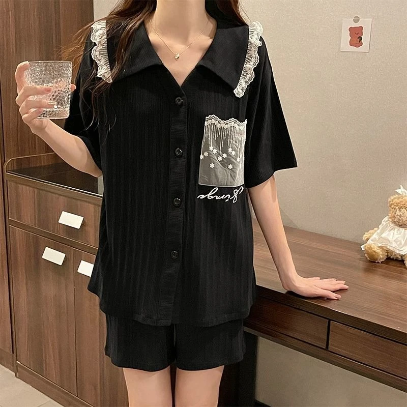 Casual New Summer Pajamas Suit Women's Thin Plus Size Two-piece Loungewear Set Lace Ins Style Print Black Girls Sweet Sleepwear