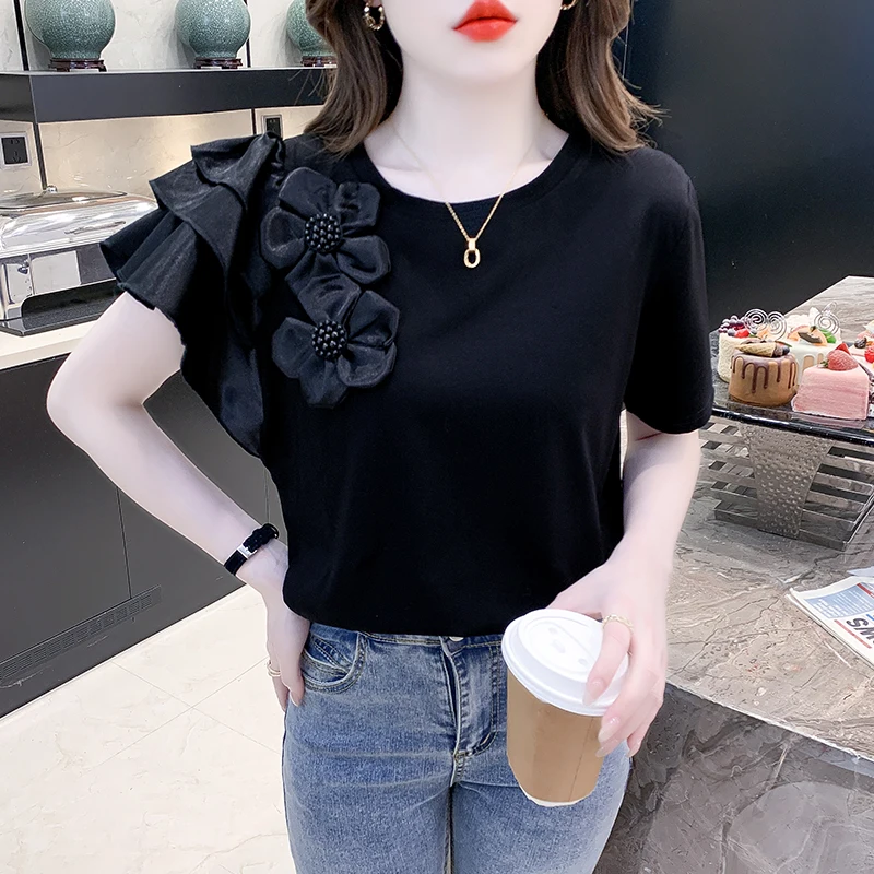 Fashion O-Neck Spliced Beading Tie Flowers Ruffles Blouse Women\'s Clothing 2023 Summer New Oversized Casual Tops Sweet Shirt