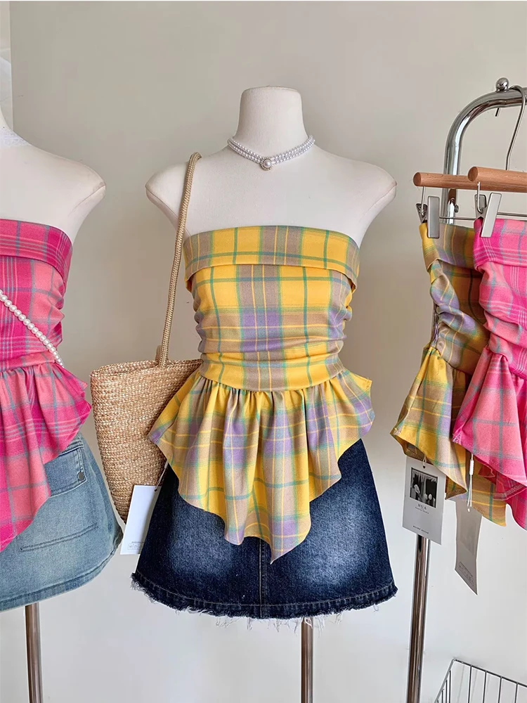 Summer Women Korean Fashion Sweet Plaid Tube Top Design Kpop Vintage Gyaru Coquette 2000s Aesthetic Cute Core Kawaii Mori Girl