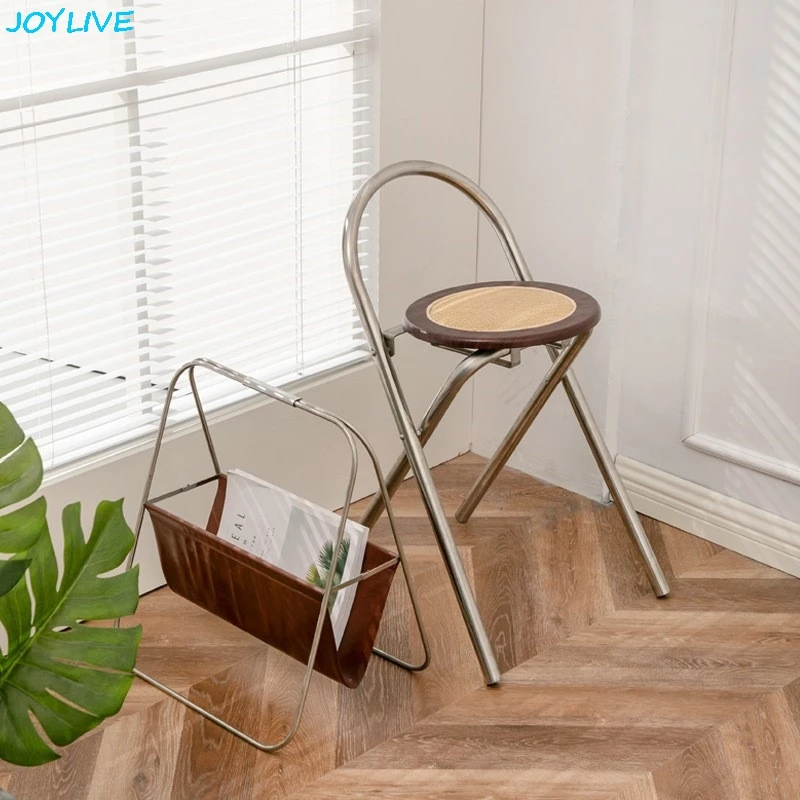 

Минимально повседневная технология плетения из ротанга, используемая для дома, складные табуреты со спинкой, обеденный стул из нержавеющей стали в античном стиле