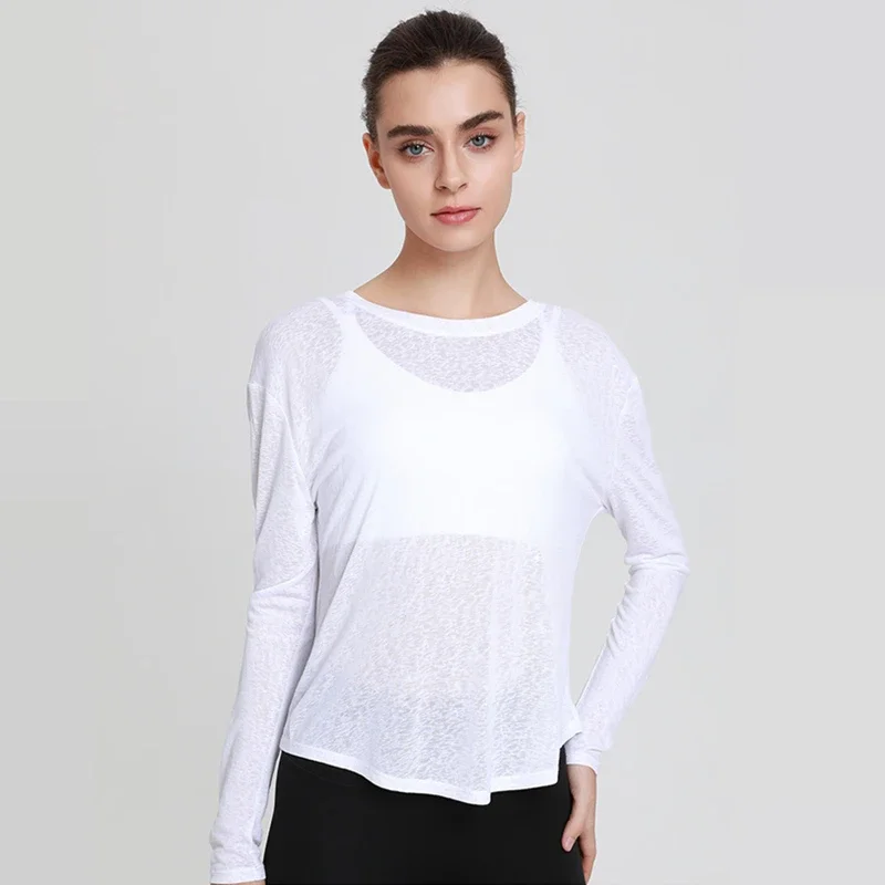 Women Thin Loose Yoga Shirts Bandage Long Sleeves Sports T-Shirts Hollow Out Running Shirt Forked Gym Fitness Tops Blouse Female