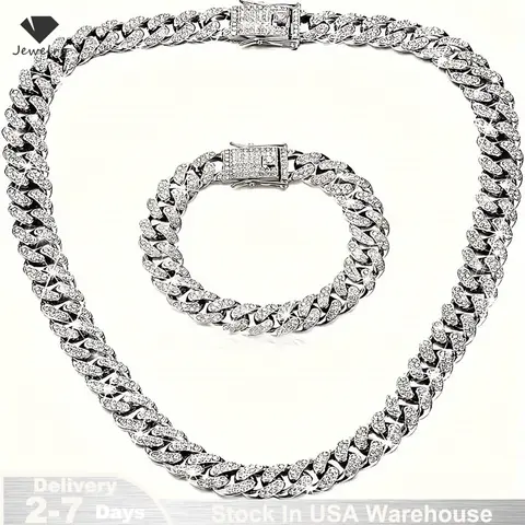 Men's 13MM Cuban Link Chain Necklace & Bracelet Set Silver Miami Hip Hop Jewelry Bling Diamond Choker for Men And Women Jewelry