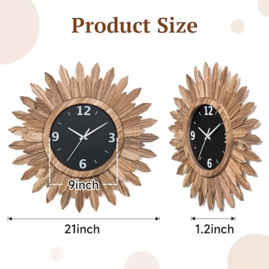Large Wall Clock for Living Room Bedroom Kitchen Bathroom: Rustic Wood, Rustic Brown, Silent Non-Ticking Battery Operated Boho