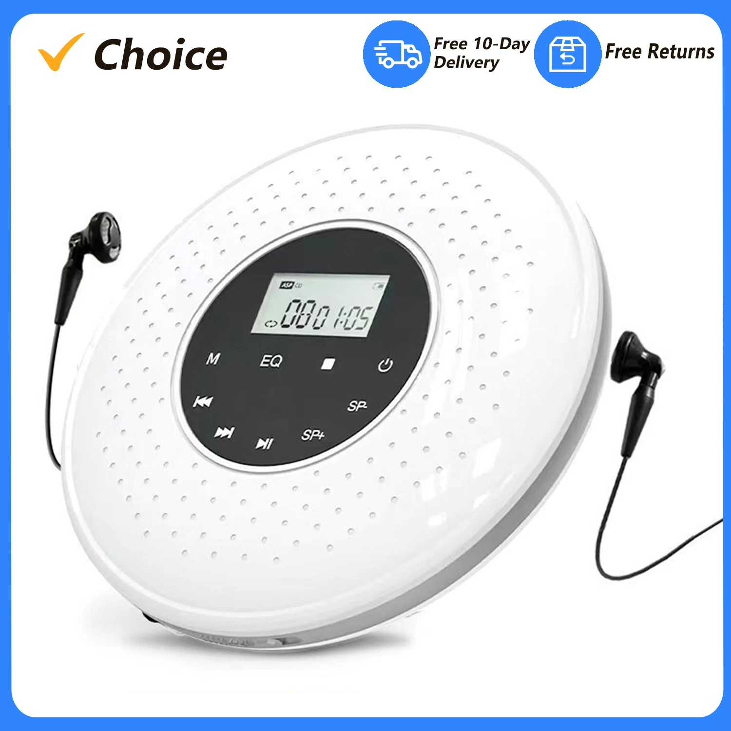 Portable CD Player with 3.5mm Wired Headphones Support TFCard MP3 Music Player A-B Repeat Function with LCD Display Touch Button