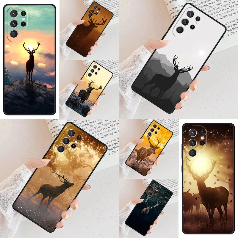 Reindeer Sunset Wild Animal Deer Phone Case For Samsung Galaxy S24 S23 S22 S21 Ultra S10 Note 10 Pro S20 Plus FE S9 S8 Cover