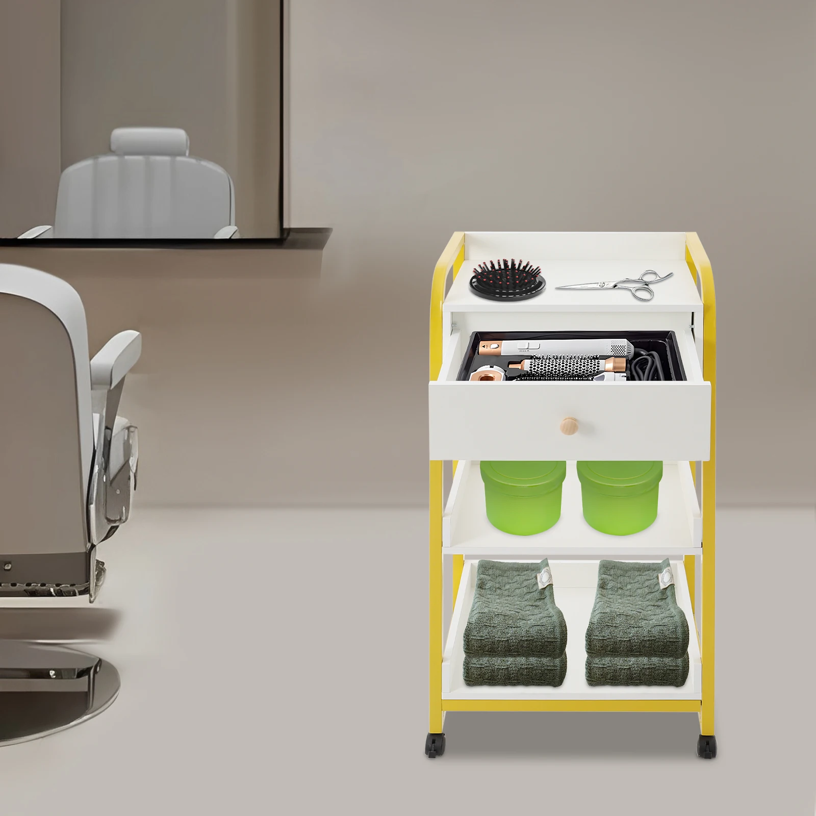 44*34*80cm Gold&White Salon Storage Cart Floor Standing Salon Cart Salon Storage Cart with 4 Wheels Guardrails
