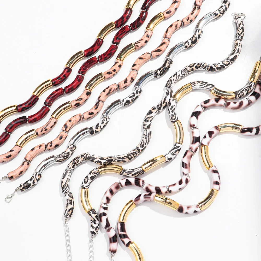 New Trend Acrylic Leopard Printing Chunky Bamboo Bracelets for Women Resin Elastic Tube Beads Necklace 2024 Fashion Jewelry