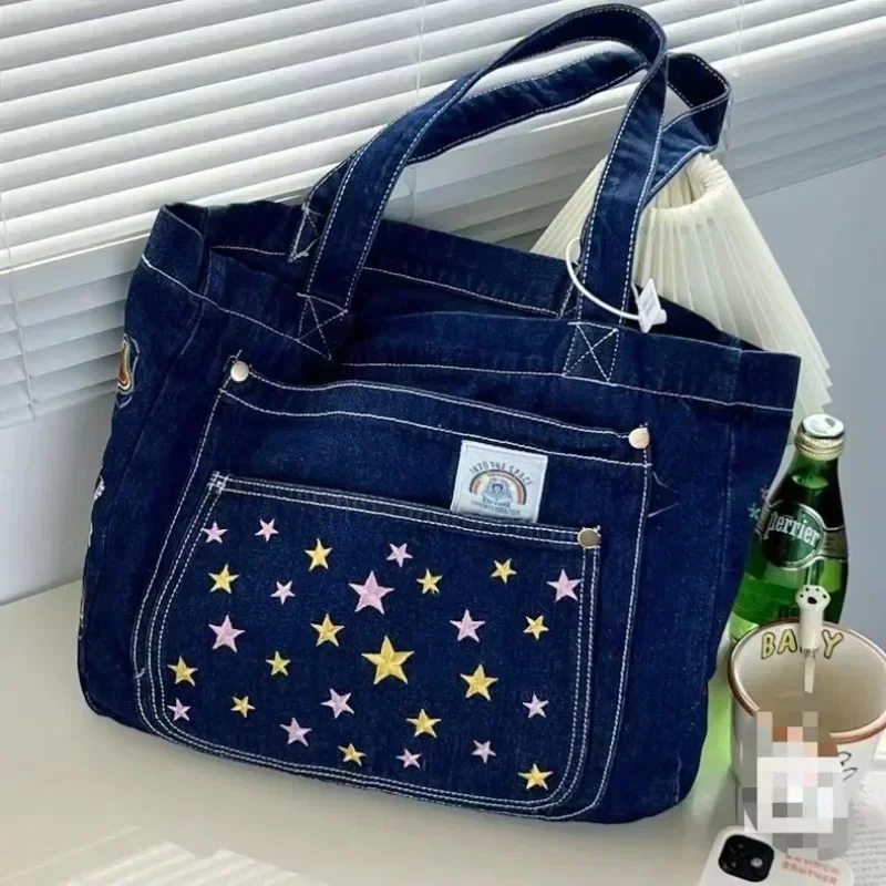 Moda Trendy Five Star Totes per le donne borsa a tracolla in Denim ad alta capacità Office Lady Simple Canvas Underarm Bag fuchaycucuvenia