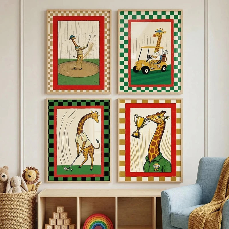 Funny Giraffe Golfer Wall Art Poster Whimsical Golfing Animal Canvas Painting Retro Sports Illustration Golf Club Decor Picture