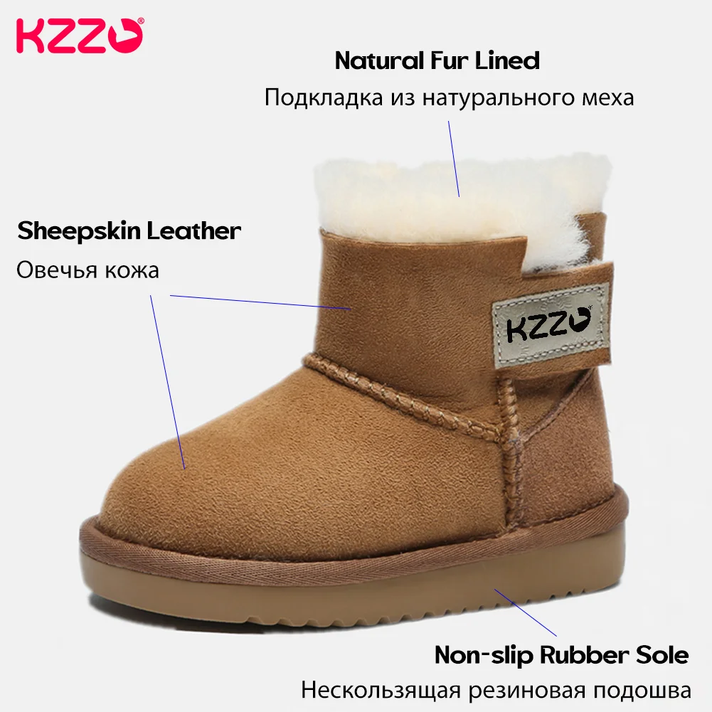 KZZO Sheepskin Suede Leather Natural Wool Fur Lined Big Kids Winter Snow Boots Students Ankle Warm Shoes Children Boys And Girls