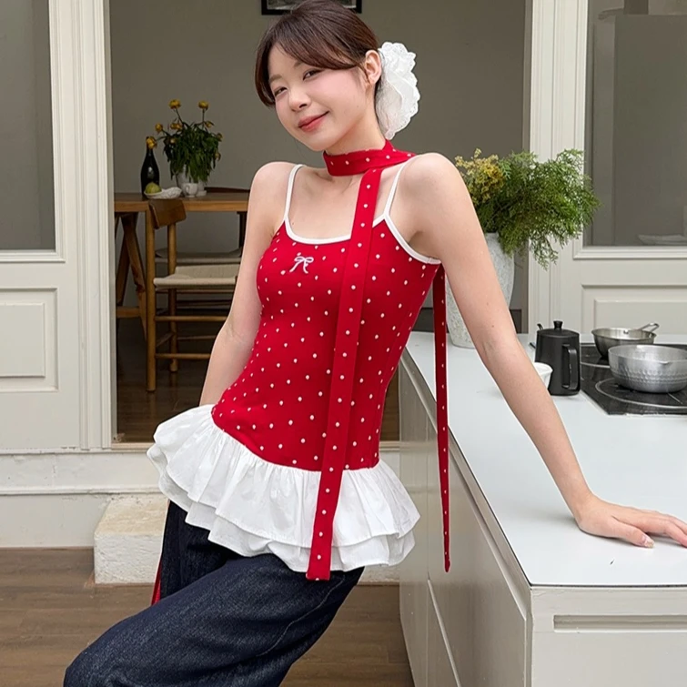 

Summer MODAL COTTON Sexy sling t shirt for Women Ballet style O-neck sleeveless T-shirt Lotus leaf Slim Elastic Skinny red Tops
