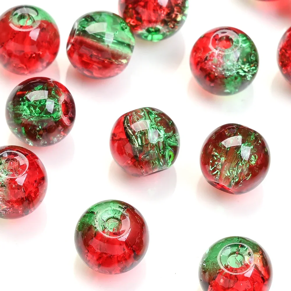 50/100pcs 8mm Christmas Crystal Glass Beads - Red & Green Gradient Crack Spacer Beads for DIY Jewelry (Bracelet/Necklace)