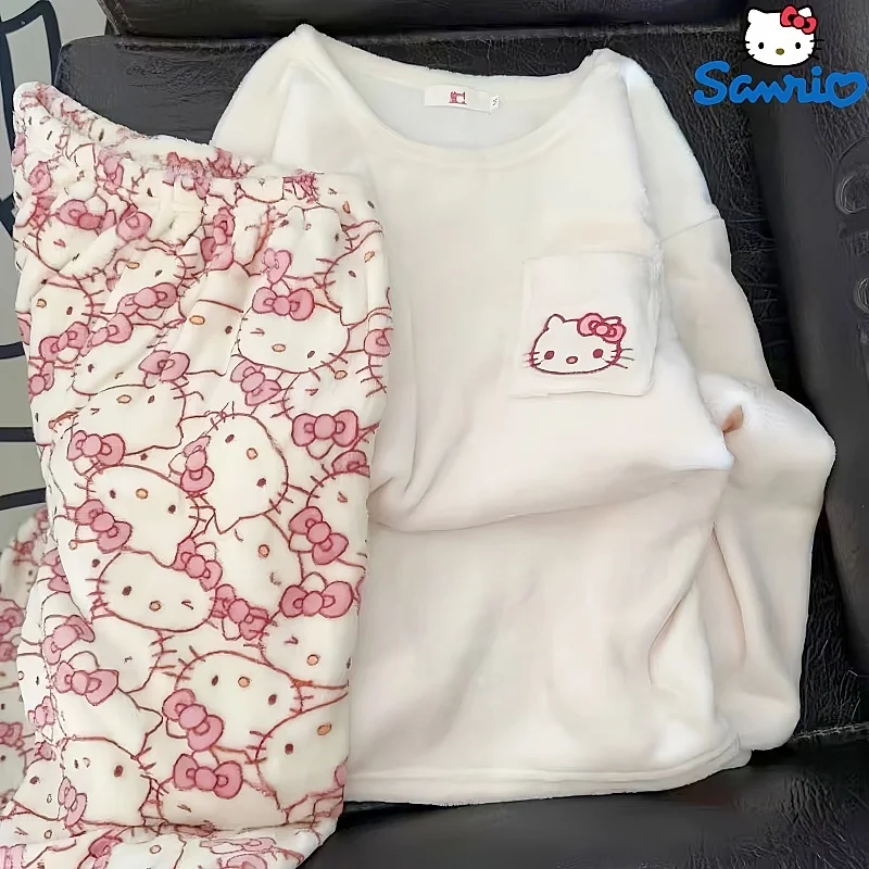 Hot Sanrio Cartoon Japanese Hello Kitty Stuff Pajamas Female Flannel Winter The New Plus Thicken Velvet Sweet Keep Warm Pajamas