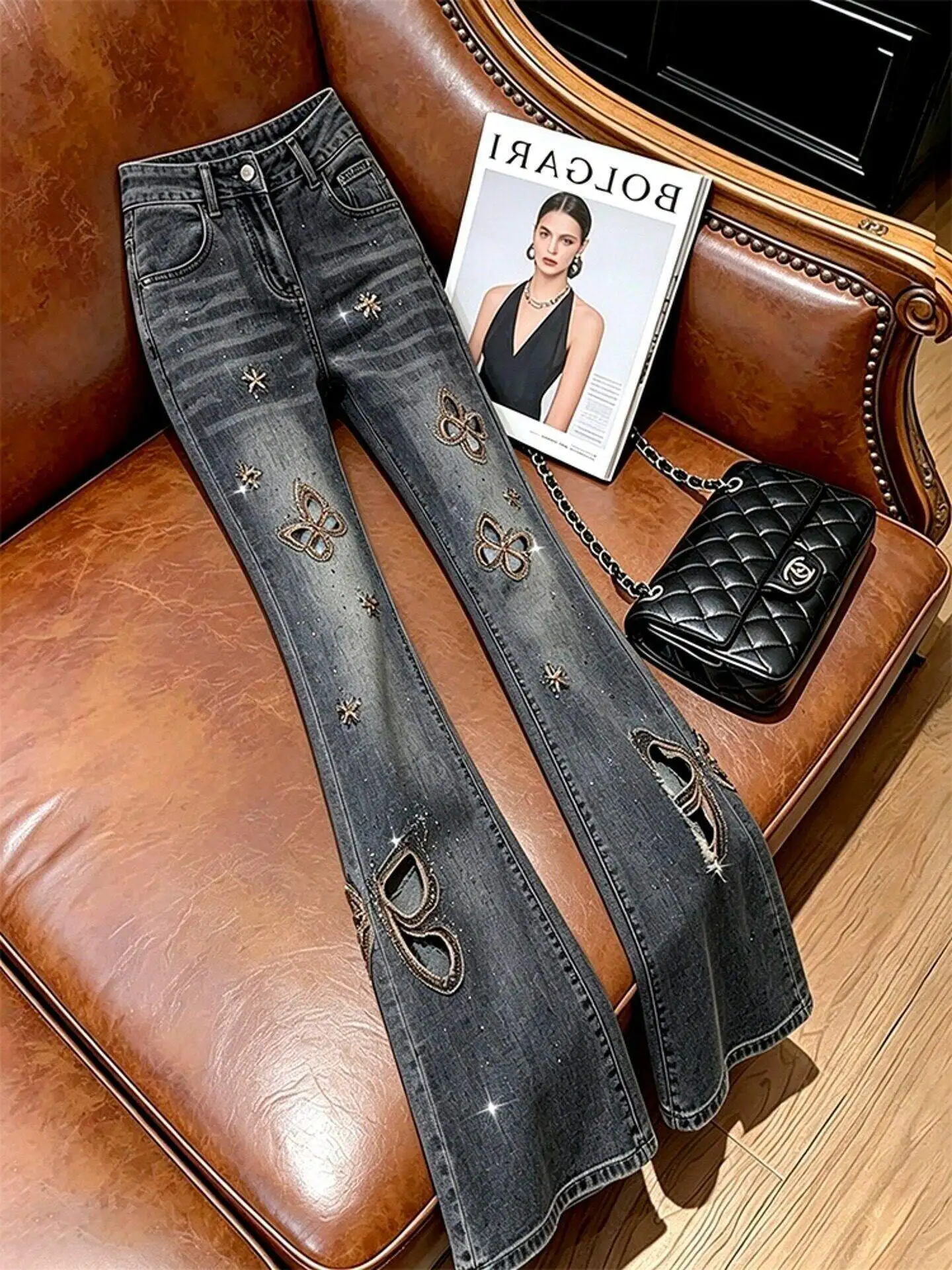 Black Heavyweight  Hollow out Micro Flare Jeans Slimming Straight Leg Long Pants High Waist Denim Summer New Arrival