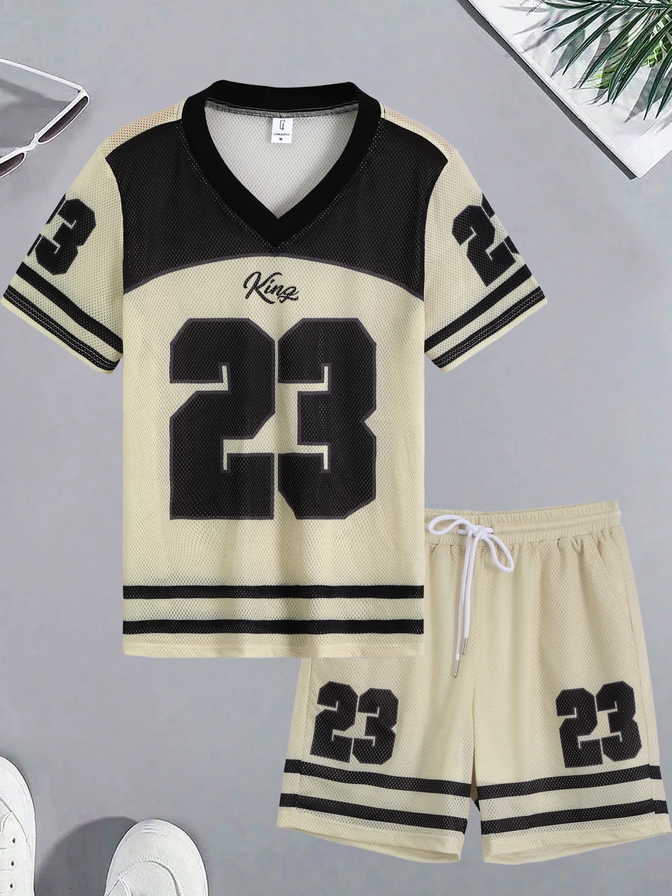 

Men's Summer Quick Dry Sport Set, Color Block V-Neck T-Shirt & Shorts for Basketball Training