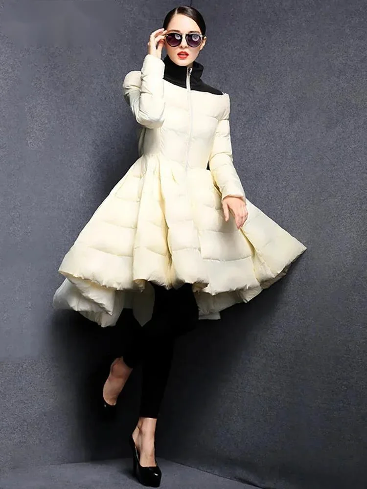 

Fashion Color-block Stand Collar Cotton-padded Coat Women's Waist-cinching Irregular Big Swing Quilted Jacket Winter 7EMZV