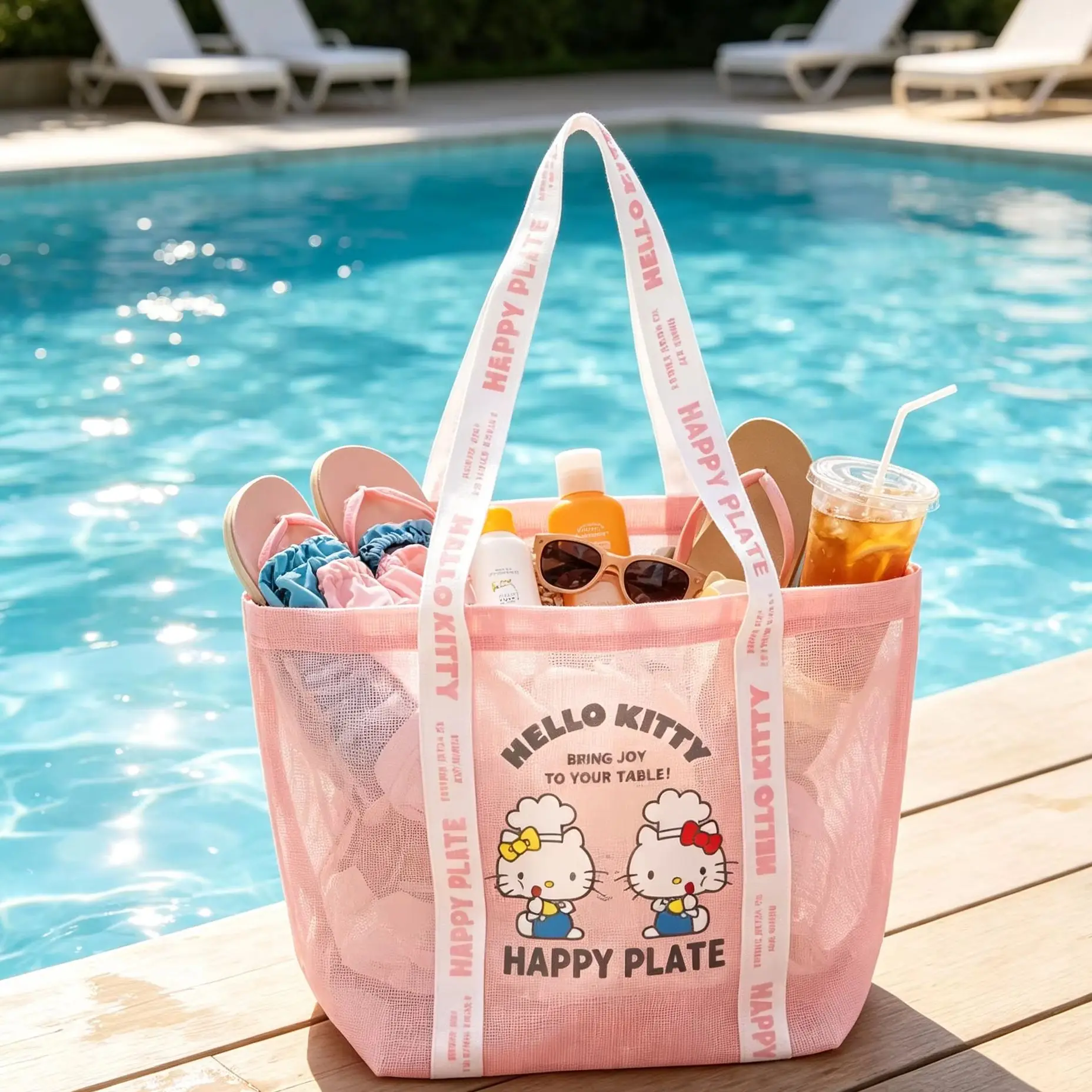 Large Capacity Storage Bag Cartoon Cute KT Cat Large Capacity Beach Mesh Bag Bathing Swimming Fitness Open Bag