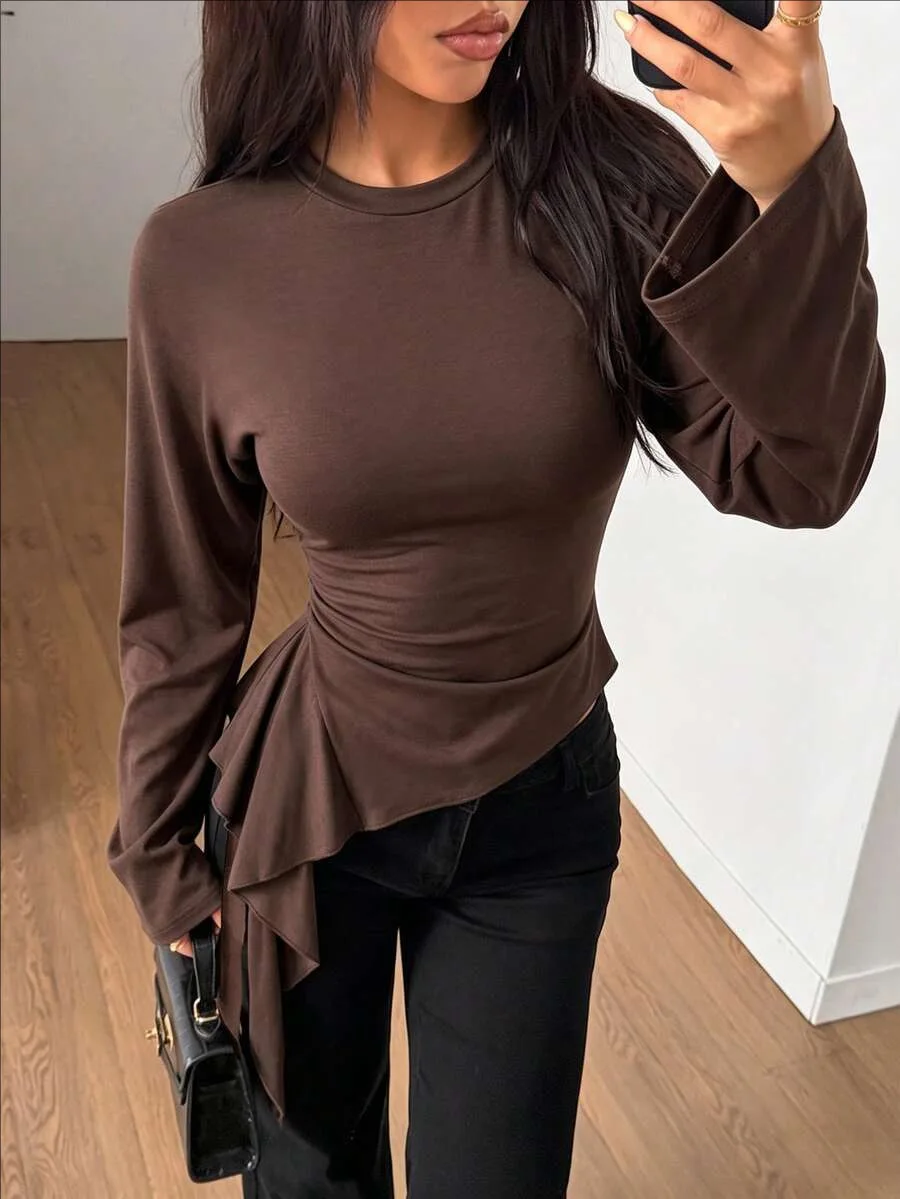 2026 women's autumn new personalized asymmetrical ruffle edge design slim fit T-shirt fashion solid color long sleeve o-neck top