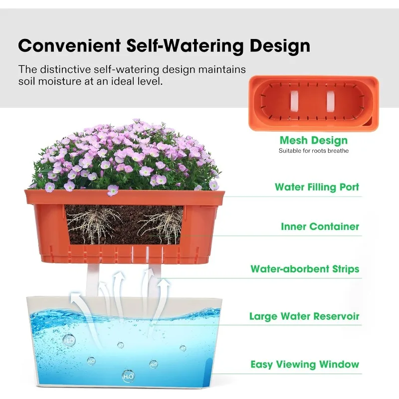 Self-Watering Planters, 6-Pack 10.5 Inch Compact Rectangular Window Herb Planter Box with 10 PCS Plant Labels