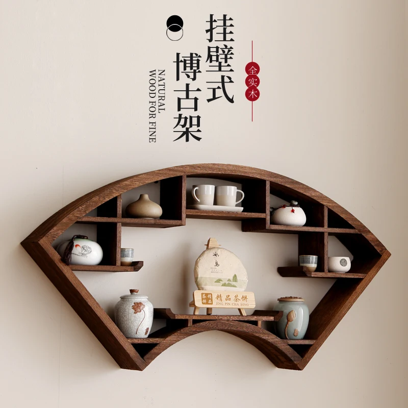 Fan-shaped Bogu frame Solid wood Chinese wall-mounted Duobao pavilion Wall-mounted simple modern teapot shelf Shelf partition