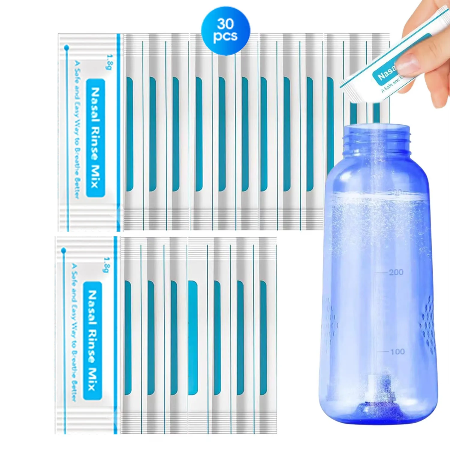 Pacotes de Sal para Neti Pot - 300 Pacotes de Salina Individualmente Embalados para Lavagem Nasal |   Kit de Refil para Neti Pot |   Irrigação Nasal Eficaz