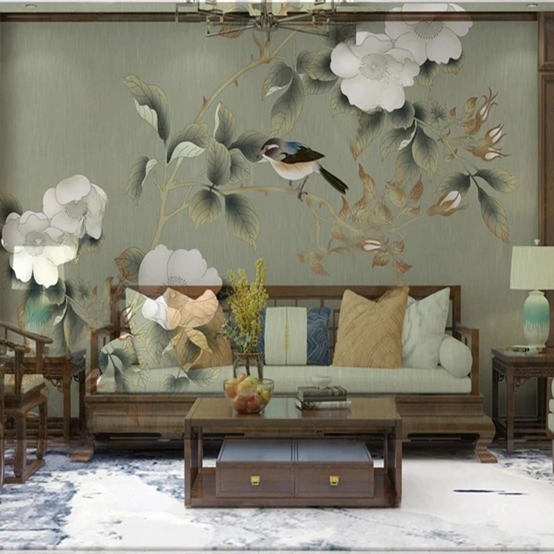 

Custom Chinese Style Mural Wallpaper Hand-Painted Flower Bird Design Classical Wall Decoration for Living Room Bedroom Office
