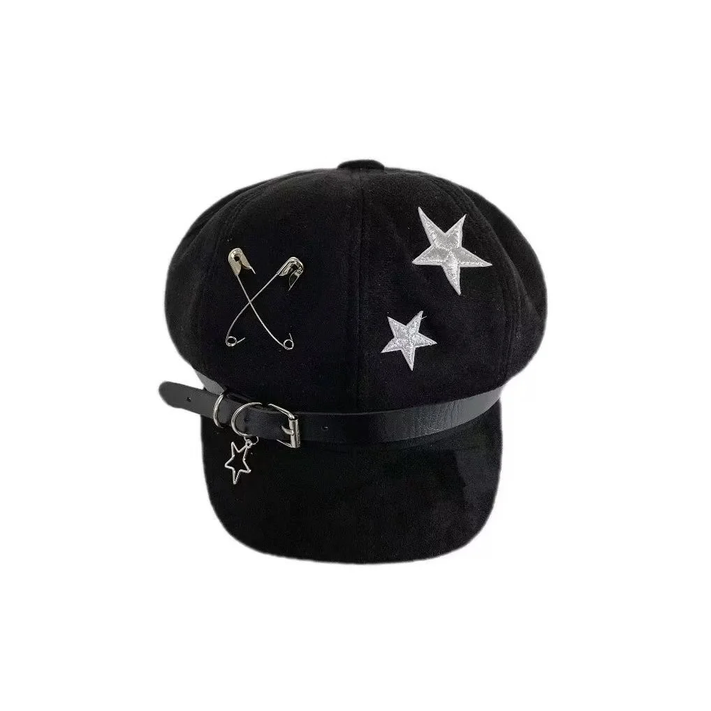 Retro Casual Newsboy Octagonal Hat Star Embroidery Belt Buckle Safety Pin Star Detail Unique Fashion Decorative Beret Cap